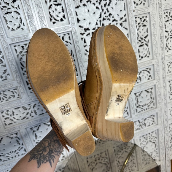 Free People Bungalow Tan Suede Leather Wooden Blog Boots Sz 8 - Picture 6 of 13